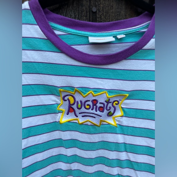 Vintage Nickelodeon Rugrats Purple White Turquoise Striped Tee Shirt Logo - Picture 6 of 6